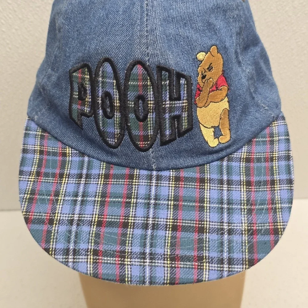 Vintage Disney Embroidered Winnie The Pooh Hat Elastic Band Blue‎ Plaid Denim